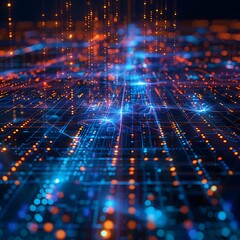 Obraz premium Abstract technology background showing a digital landscape or circuit board with glowing blue and orange data particles and interconnected lines receding into depth. 