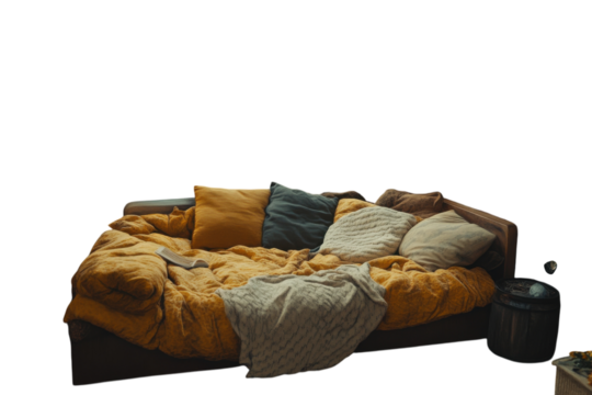 Cozy autumn reading nook warm yellow bedding soft natural light bookshelves rainy window view