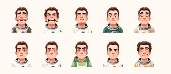 A set of expressive character faces for a Space explorer, showcasing different emotions: happy, angry, surprised, sad, mischievous, and neutral.