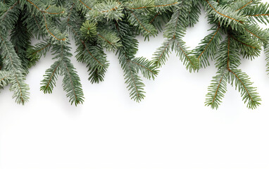 Green pine branches arranged on clean white space, perfect for holiday promotions, Christmas banners, or winter sale flyers.