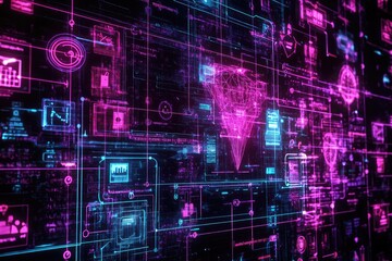 Obraz premium Digital network of user profiles and connections with neon data flow. AI generated illustration.