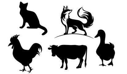 Set of silhouettes farm animals Isolated on light background. Image for meat stores, market, packaging and advertising. Vector illustration.