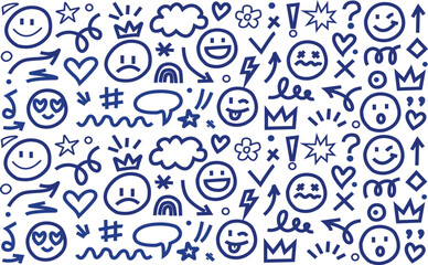 Fun hand-drawn emoji doodle seamless pattern with smiley faces, hearts, stars, clouds, arrows, and symbols. Perfect for kids, social media, chat backgrounds, stickers and modern digital design project