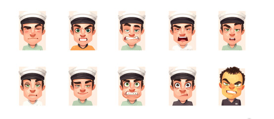 A set of expressive character faces for a Mail carrier, showcasing different emotions: happy, angry, surprised, sad, mischievous, and neutral.