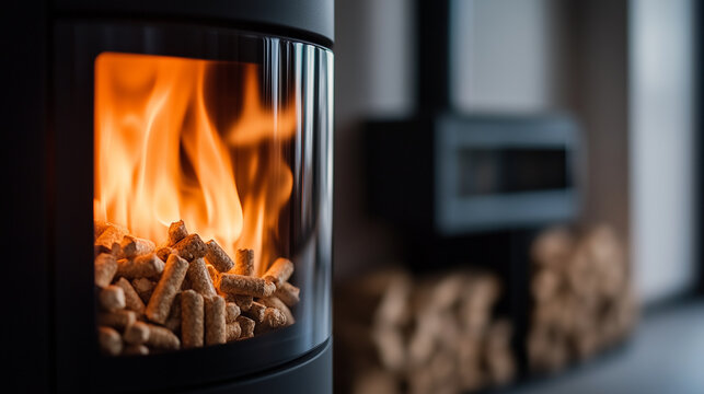 Fototapeta Heating stove fueled by compressed wood pellets, with glowing flames visible through a small glass window, modern private boiler room highlighting alternative energy solutions