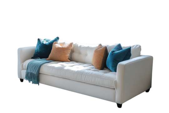 Serene living room sunlight streams through large windows illuminating a plush cream sofa with teal