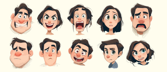 A set of expressive character faces for a Psychologist, showcasing different emotions: happy, angry, surprised, sad, mischievous, and neutral.