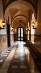 Fototapeta premium Elegant arched corridor with warm lighting and tiled floor.