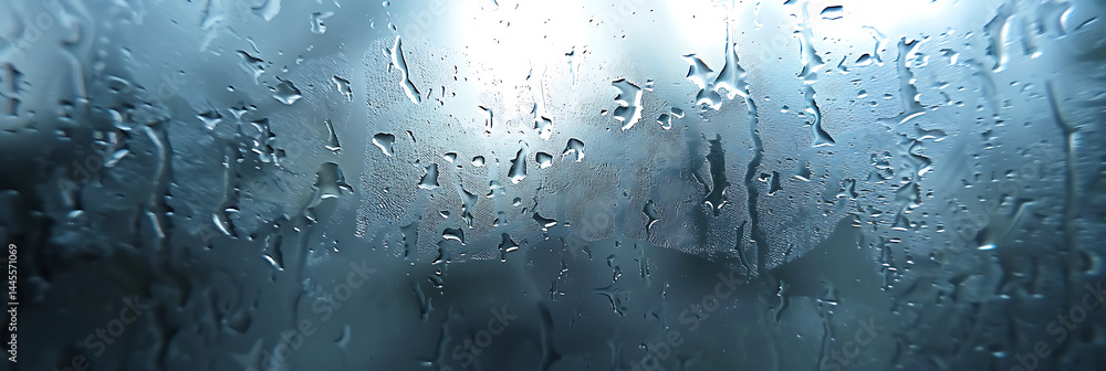 Poster close-up texture of raindrops streaming down a wet window pane against a blurred, cool-toned backgro