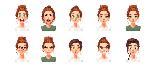 A set of expressive character faces for a Yoga instructor, showcasing different emotions: happy, angry, surprised, sad, mischievous, and neutral.