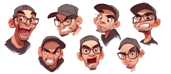 Fototapeta premium A set of expressive character faces for a Graffiti artist, showcasing different emotions: happy, angry, surprised, sad, mischievous, and neutral.