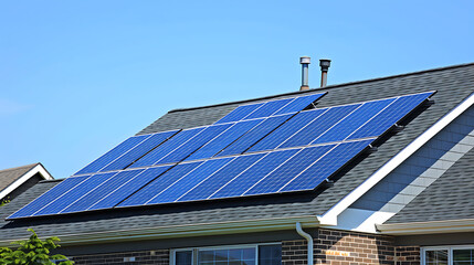 Residential house roof with multiple blue solar panels installed, generating renewable energy under a clear blue sky. Sustainable home technology concept.
