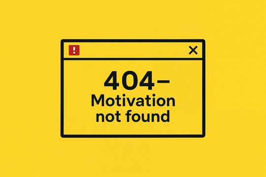 404 error window with the message “Motivation not found” on a bright yellow background. Minimalist funny design in modern flat style.