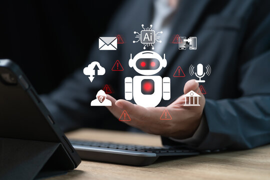 AI, Artificial Intelligence and Illegal Use concept, Businessman watch out for cyber fraud, Deceived by the AI system from scammers,  Fake websites, Banking, Data, Voice and face impersonation, Spam - Powered by Adobe