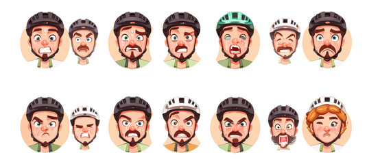 A set of expressive character faces for a Mountain biker, showcasing different emotions: happy, angry, surprised, sad, mischievous, and neutral.