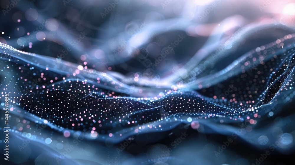 Fototapete This abstract tech background features flowing waves of data representation with vibrant particles and soft lights, creating a dynamic visual experience.