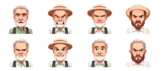 A set of expressive character faces for a Beekeeper, showcasing different emotions: happy, angry, surprised, sad, mischievous, and neutral.