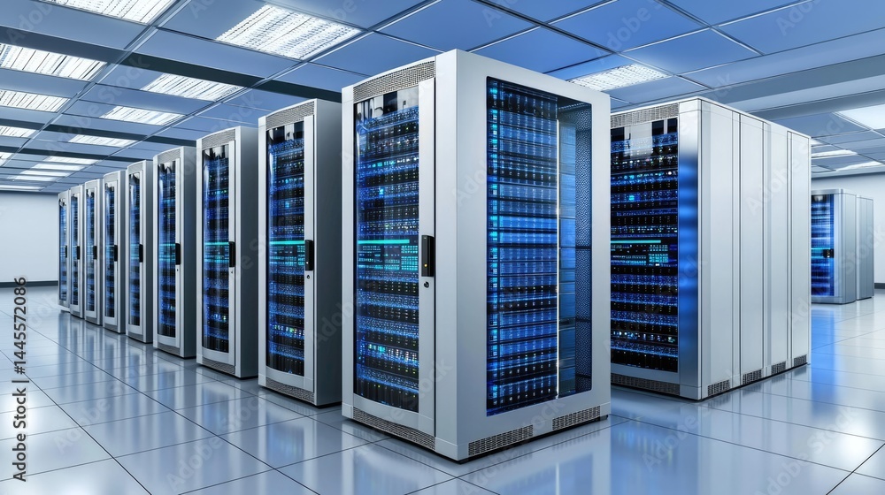 Poster Clean and reflective server corridor in a blue-lit modern data center, ideal for use in hosting, security, and digital infrastructure concepts