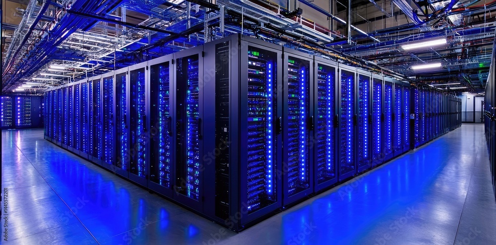 Poster Glowing server cabinets in a futuristic data center with blue floor reflections, great for cloud computing, hosting, or cybersecurity themes