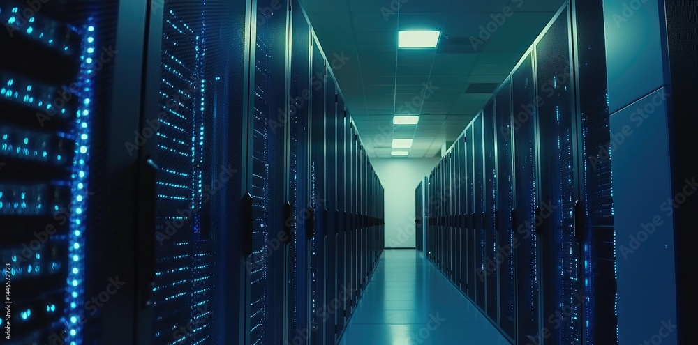 Poster Dark toned data center with glowing blue servers and sleek corridor design, ideal for network security or IT infrastructure visuals