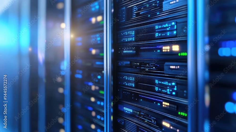Poster wide 3d view of a server data center with vivid blue lighting and reflective floors, ideal for cloud