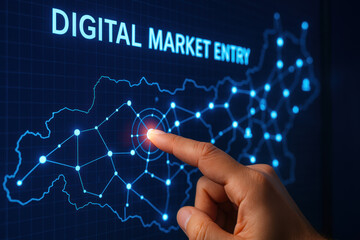 A finger activates a holographic node on a digital market map symbolizing strategic decision making and innovative business growth