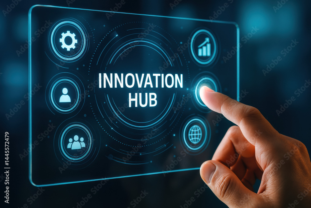 Poster a hand engages with an interactive digital panel symbolizing innovation strategy and decision-making