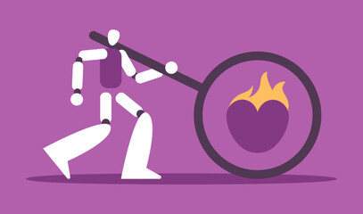 Love woman and AI robot. Girl experiences romantic relationship and love for chat bot with artificial intelligence. Flat vector illustration.