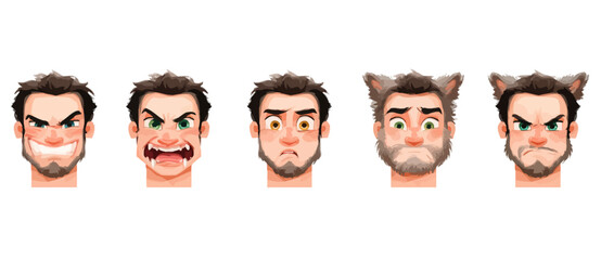 Fototapeta premium A set of expressive character faces for a Werewolf, showcasing different emotions: happy, angry, surprised, sad, mischievous, and neutral.