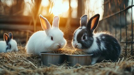 Fluffy white, black, and gray bunnies sharing a meal from neat metal bowls, nestled in a charming enclosure filled with dry hay and gentle afternoon light streaming in