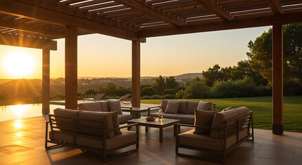 Fototapeta premium Sunset Serenity: Luxurious Outdoor Living Space with Panoramic Views