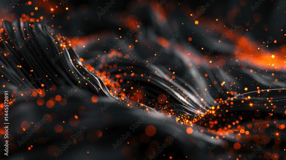 Poster experience a captivating dark abstract background featuring glowing particles and flowing textures. 