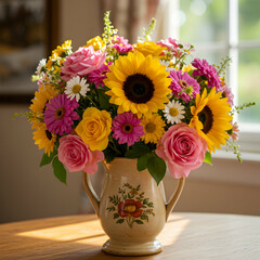 Fototapeta premium Sunflowers, Roses & Daisies: Vibrant Summer Flower Arrangement