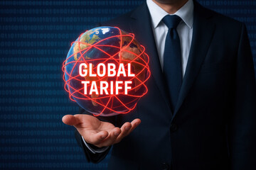A businessman strategically presenting a holographic globe surrounded by interconnected glowing lines symbolizing global tariff decisions that impact international trade and business growth