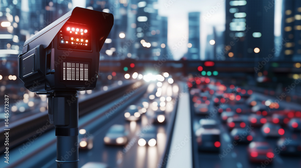 Poster close-up of a futuristic traffic camera with multiple sensors, mounted near a tollbooth surrounded b