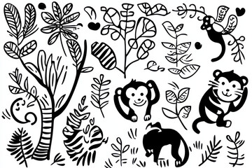 Naklejka premium Vibrant illustrations of monkeys and tigers exploring simple jungle animals in nature scenes