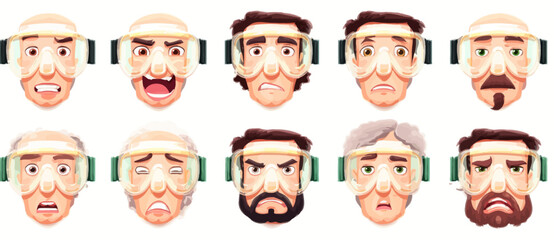 Fototapeta premium A set of expressive character faces for a Scuba diver, showcasing different emotions: happy, angry, surprised, sad, mischievous, and neutral.