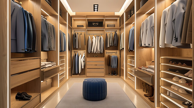 Luxurious modern walk-in closet interior with organized wooden wardrobes, shelving for clothes and shoes, central ottoman, and integrated lighting. High-end design.
