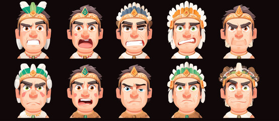 A set of expressive character faces for an Aztec warrior, showcasing different emotions: happy, angry, surprised, sad, mischievous, and neutral.