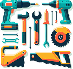 Colorful Flat-Lay Collection of Hand Tools and Power Drills