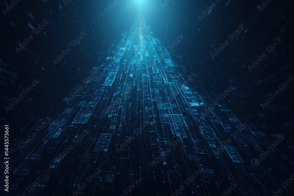 Poster a low angle view a digital structure rising with illuminated data blocks symbolizes business growth 
