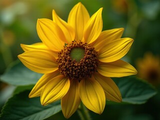 medicinal herbs and berries, traditional medicine Close up of a yellow flower with a green center. The flower is surrounded by green leaves