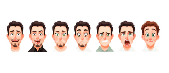 Fototapeta premium A set of expressive character faces for a Tango dancer, showcasing different emotions: happy, angry, surprised, sad, mischievous, and neutral.