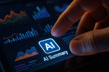 A business-oriented touchscreen interface demonstrates strategy and decision-making through an illuminated AI summary icon highlighting innovation and growth in analytics