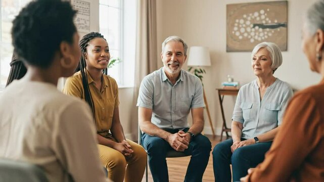  Diverse group listening attentively during supportive community meeting or therapy session in bright room
