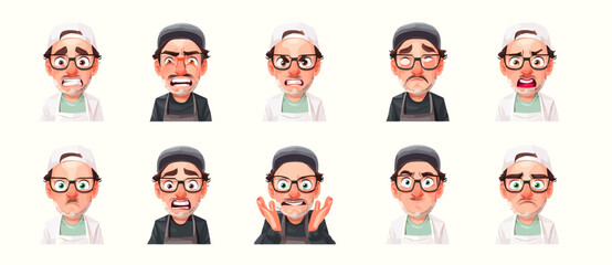 A set of expressive character faces for an Ice cream vendor, showcasing different emotions: happy, angry, surprised, sad, mischievous, and neutral.