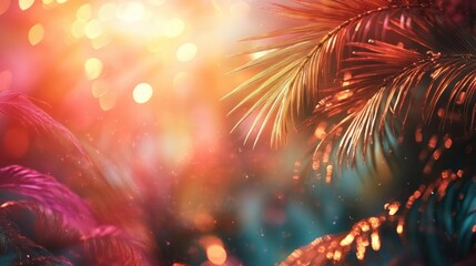 Fototapeta premium Sunset Glow Over Lush Tropical Palm Leaves Vibrant Nature Background with Soft Focus Bokeh Effect Peaceful Serene and Calming Scenery Perfect for or Digital Artwork