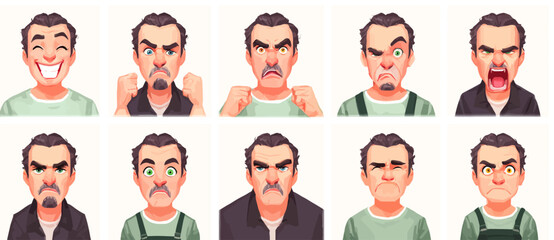 A set of expressive character faces for a Mechanic, showcasing different emotions: happy, angry, surprised, sad, mischievous, and neutral.