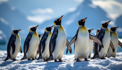 Fototapeta premium a group of sleek and agile penguins, their white bellies contrasting sharply against their black and grey feathers, stand poised on an iceberg under the bright sun