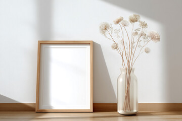 A simple wooden frame mockup leaning against the wall on an empty floor, beside it is a vase with dried flowers. The scene features bright light and shadow, a clean background,